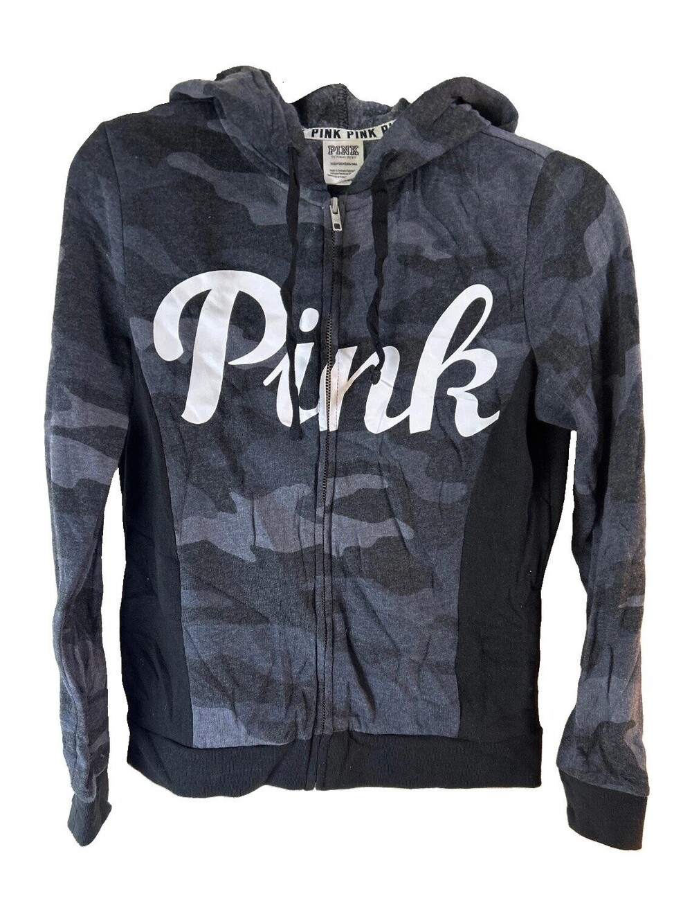 PINK Victoria's Secret Camo Full Zip Hoodie XS Gray Black Graphic Sweatshirt